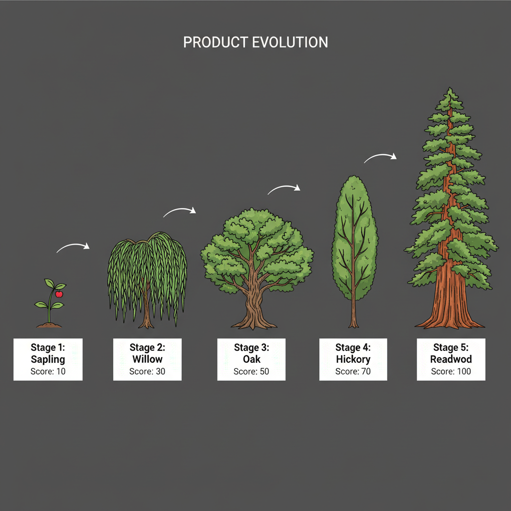 KindredLink 3D Legacy Tree visualization showing progression through 5 tree species from Sapling to Redwood