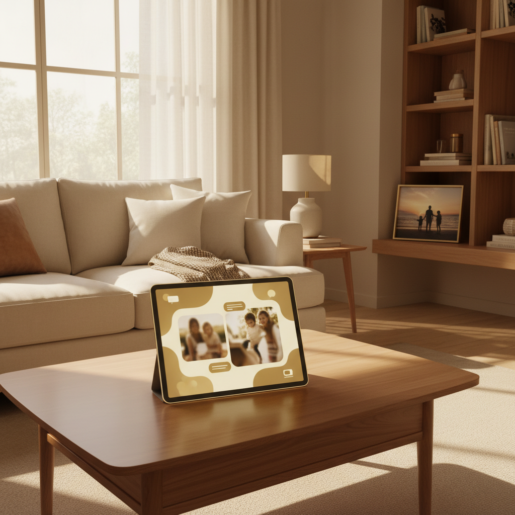 Tablet displaying KindredLink weekly family update in a cozy living room