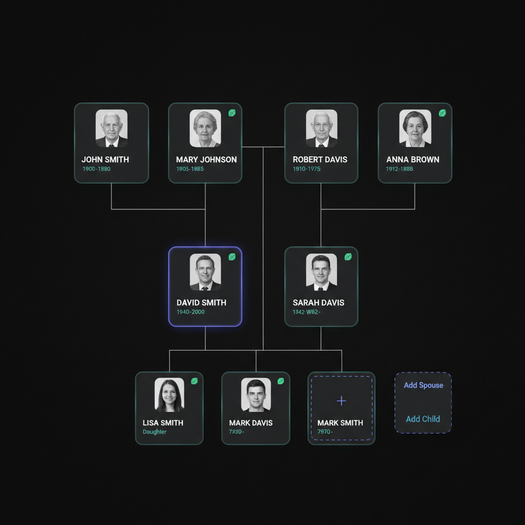 Interactive KindredLink family tree with photo tiles and relationship lines