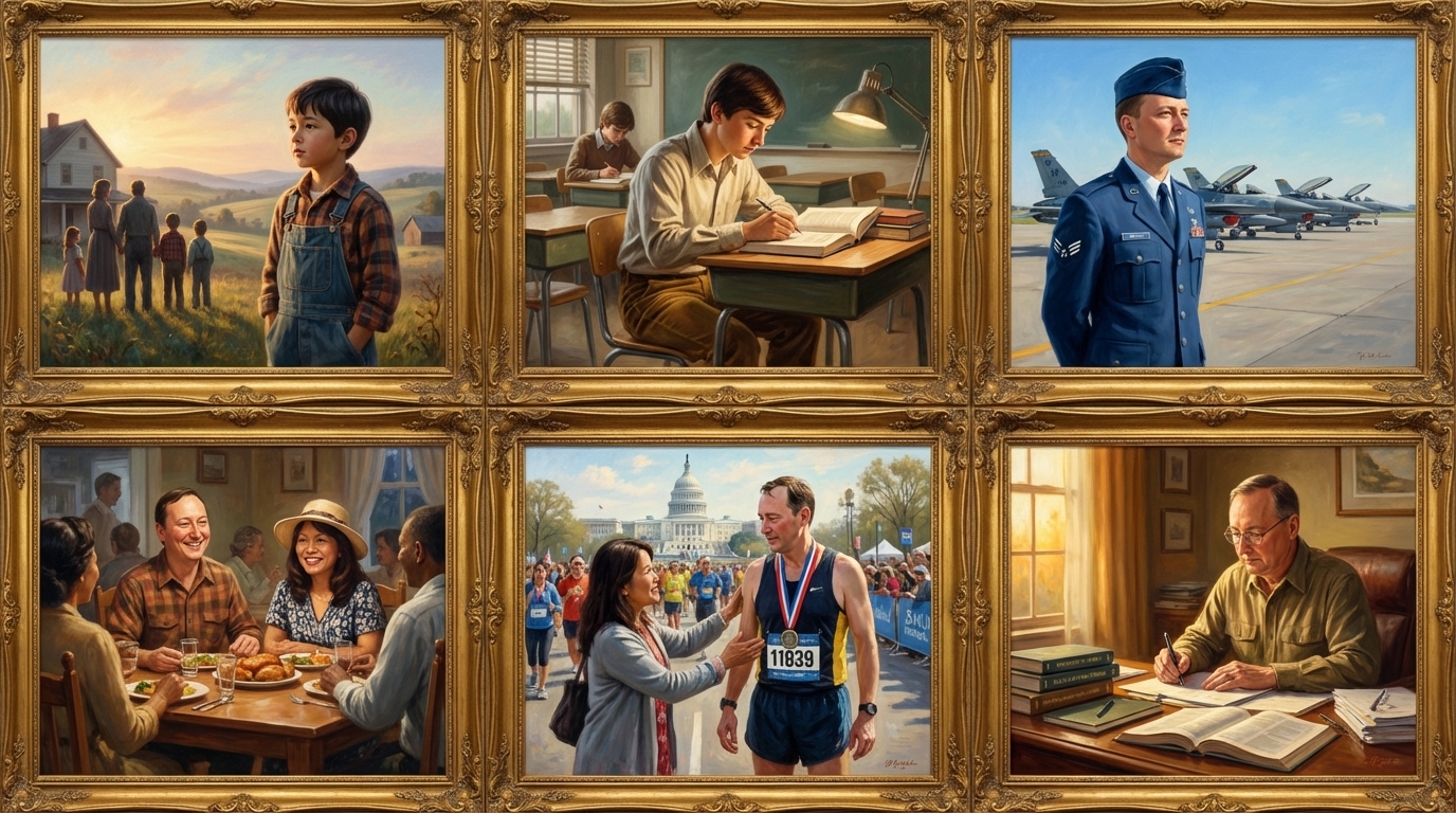 AI-illustrated heritage storyboard showing a veteran's life from childhood through military service